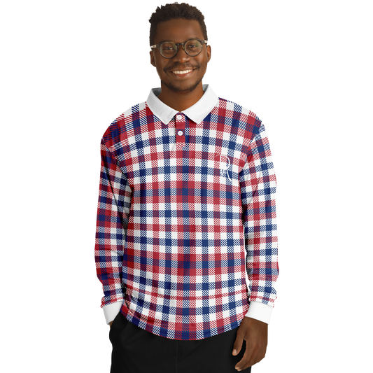 DIA - Red White and Blue Plaid Men’s Long Sleeve Polo Shirt