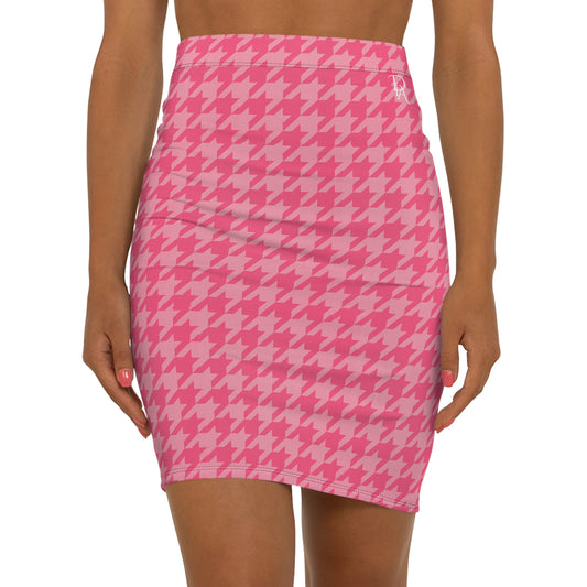 DIA - Pink Houndstooth Women's Mid-Waist Pencil Skirt